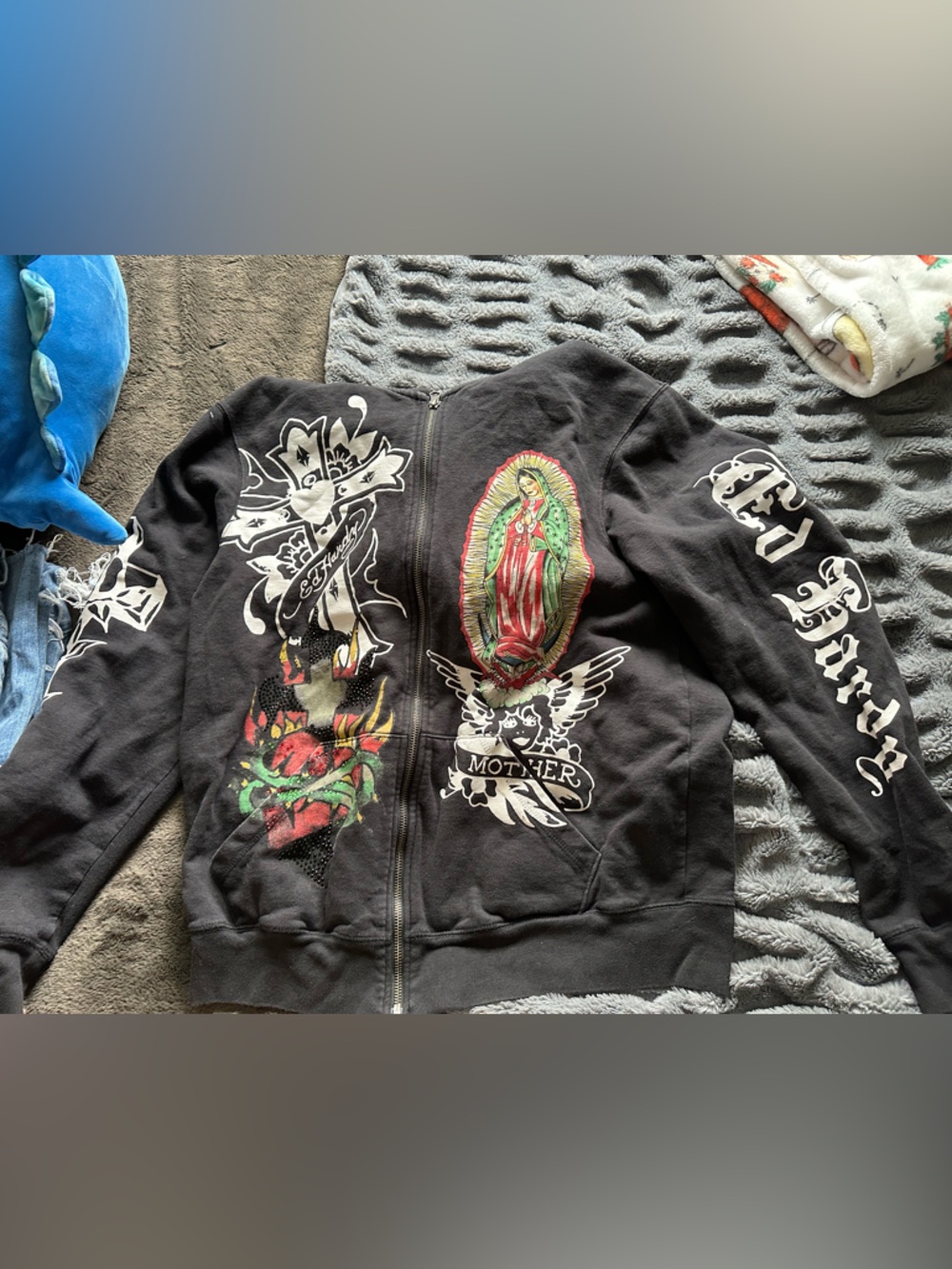 Ed Hardy Black Zip Hoodie with White Logo Detail